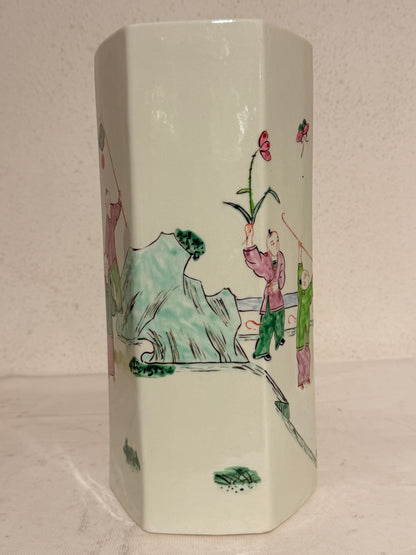 Older Chinese hexagonal hat stand vase, from the late 19th/early 20th century. Stamped.