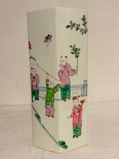 Older Chinese hexagonal hat stand vase, from the late 19th/early 20th century. Stamped.