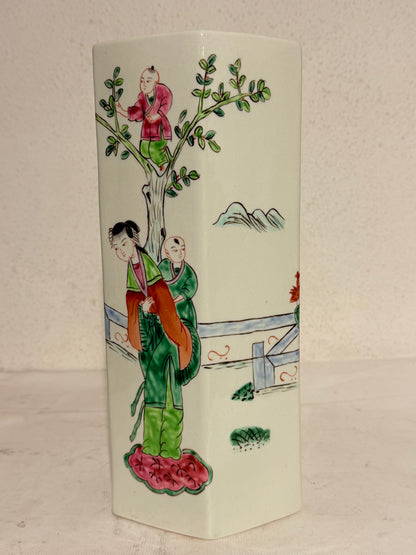 Older Chinese hexagonal hat stand vase, from the late 19th/early 20th century. Stamped.