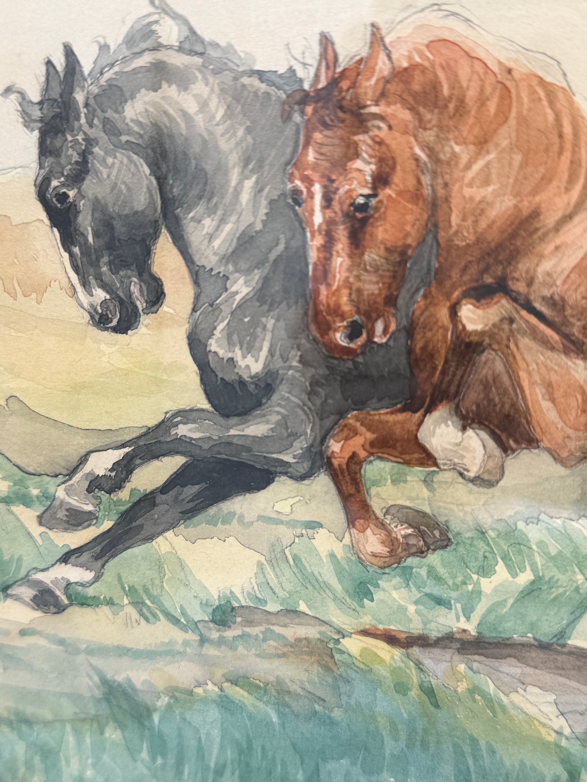 Impressionistisk akvarelstudium af to galopperende heste. Ukendt kunstner. Start 20.Årh. Usigneret