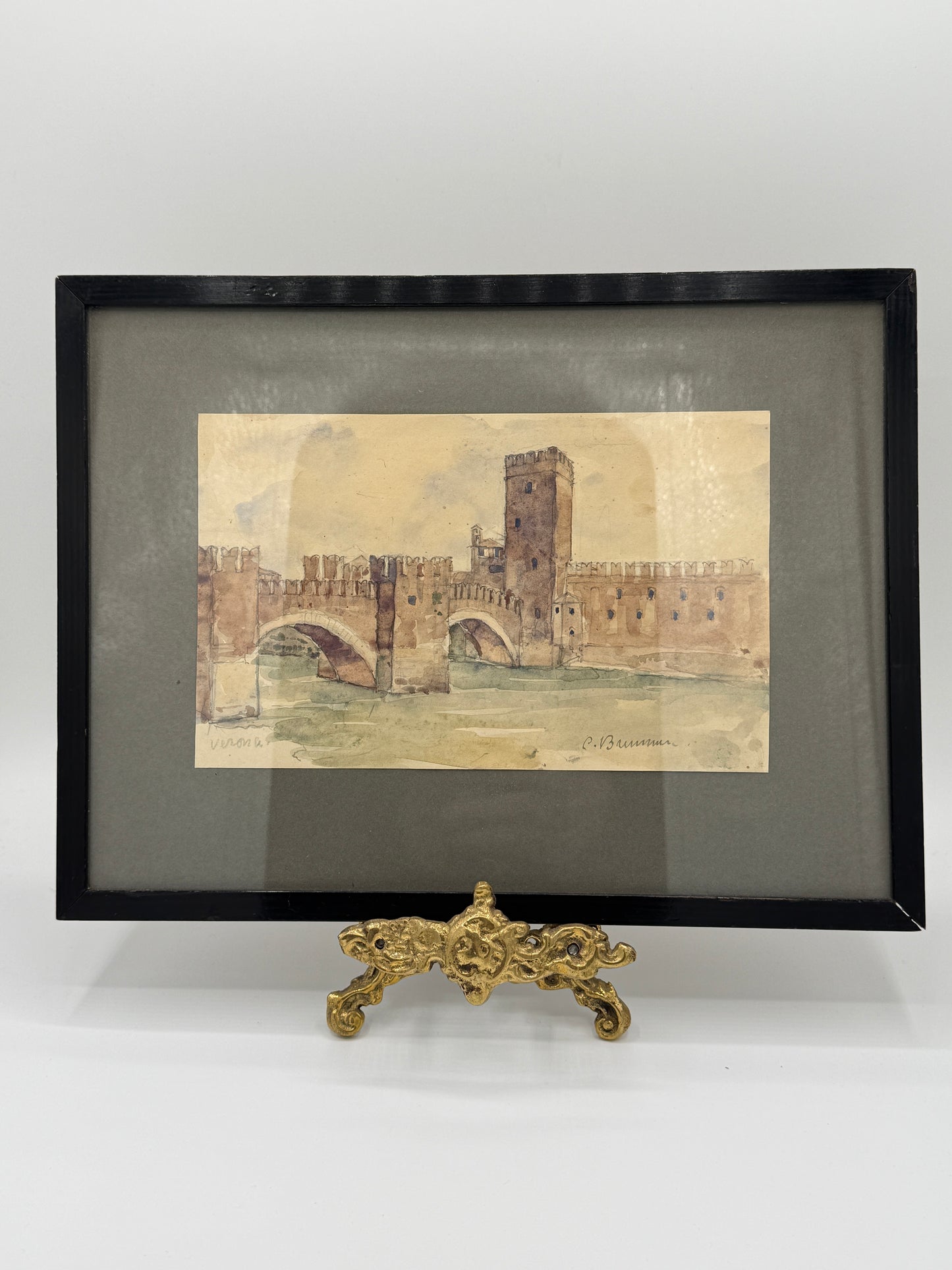 Carl Harald Brummer (1864-1953). Akvarel af Castelvecchio Broen, Verona. Slut 19. Årh