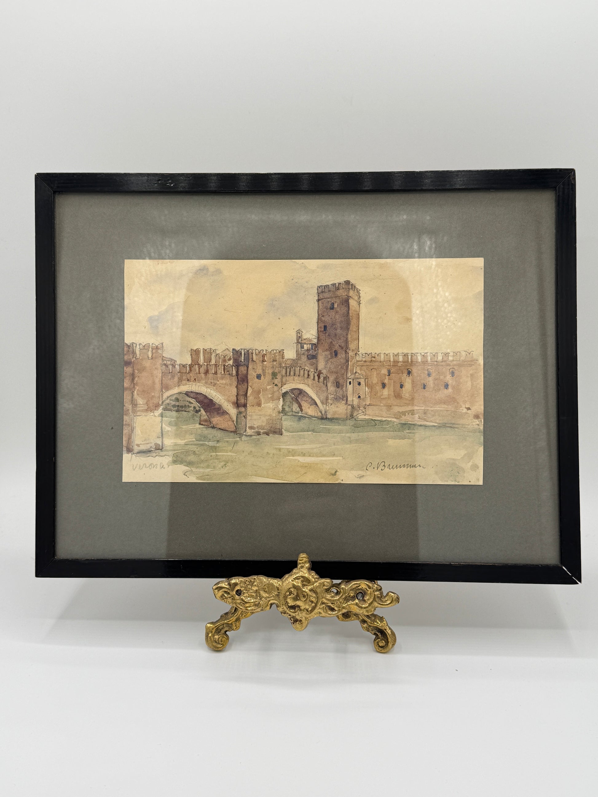 Carl Harald Brummer (1864-1953). Akvarel af Castelvecchio Broen, Verona. Slut 19. Årh