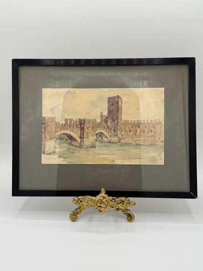 Carl Harald Brummer (1864-1953). Akvarel af Castelvecchio Broen, Verona. Slut 19. Årh