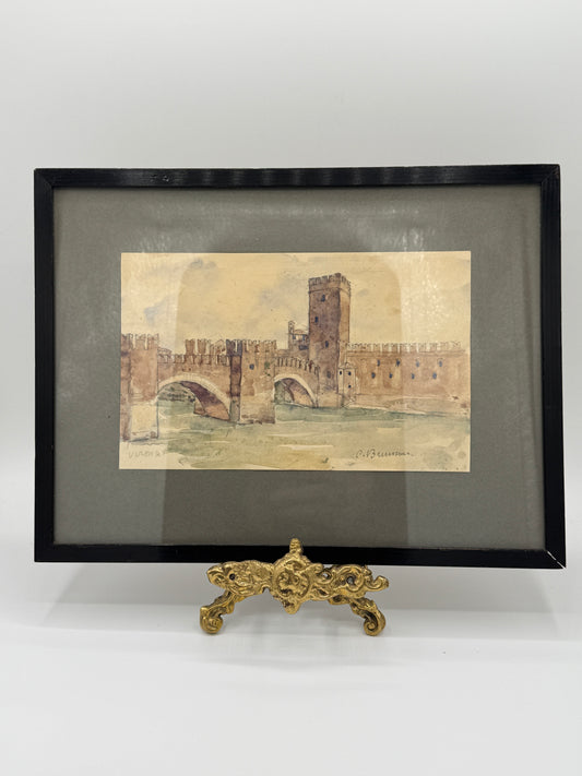 Carl Harald Brummer (1864-1953). Akvarel af Castelvecchio Broen, Verona. Slut 19. Årh