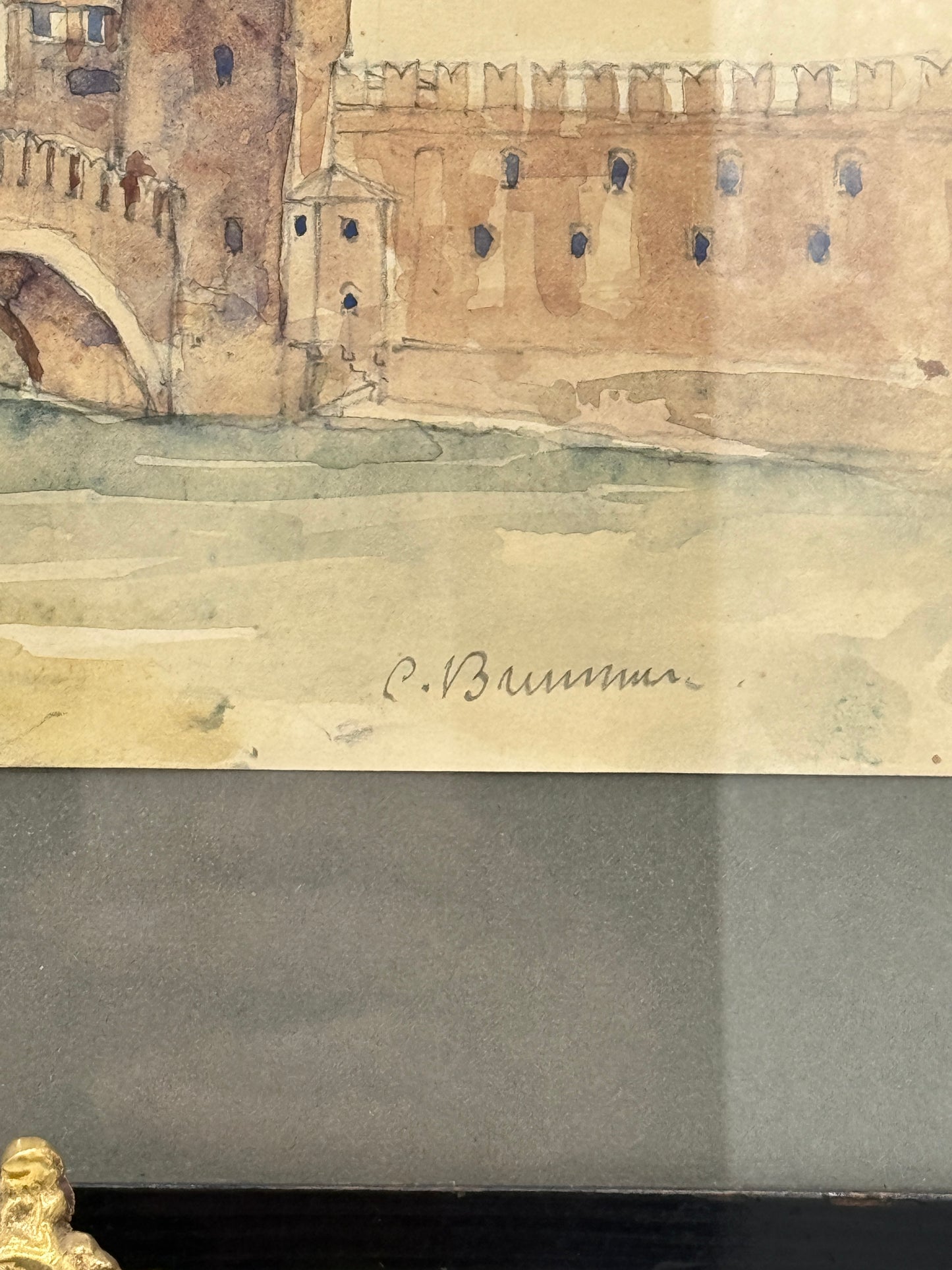 Carl Harald Brummer (1864-1953). Akvarel af Castelvecchio Broen, Verona. Slut 19. Årh