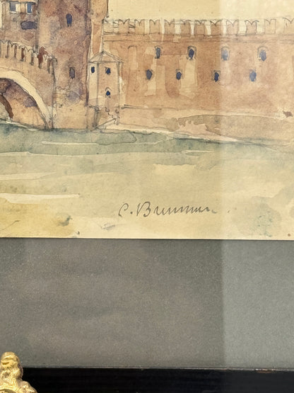 Carl Harald Brummer (1864-1953). Akvarel af Castelvecchio Broen, Verona. Slut 19. Årh
