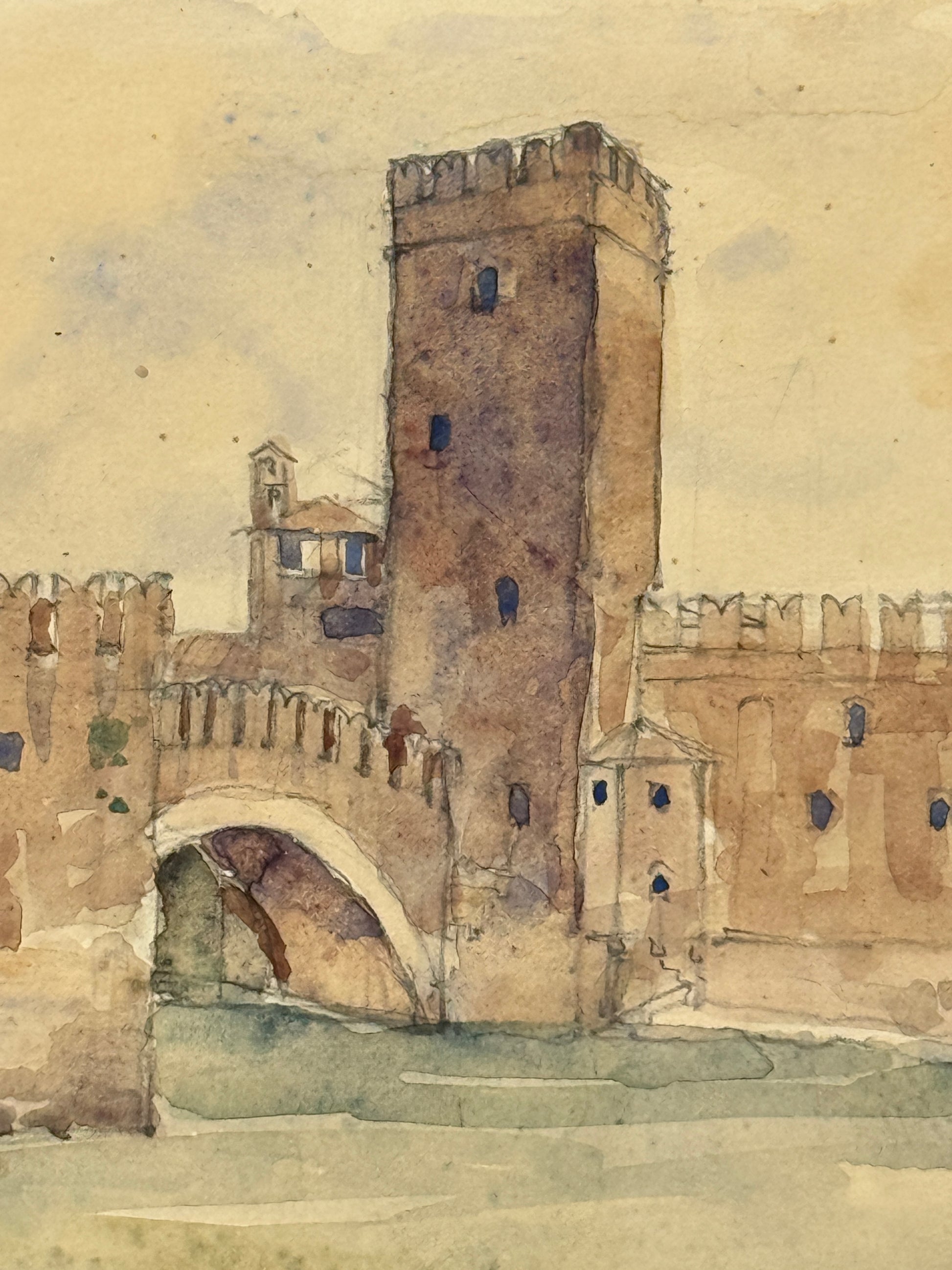 Carl Harald Brummer (1864-1953). Akvarel af Castelvecchio Broen, Verona. Slut 19. Årh