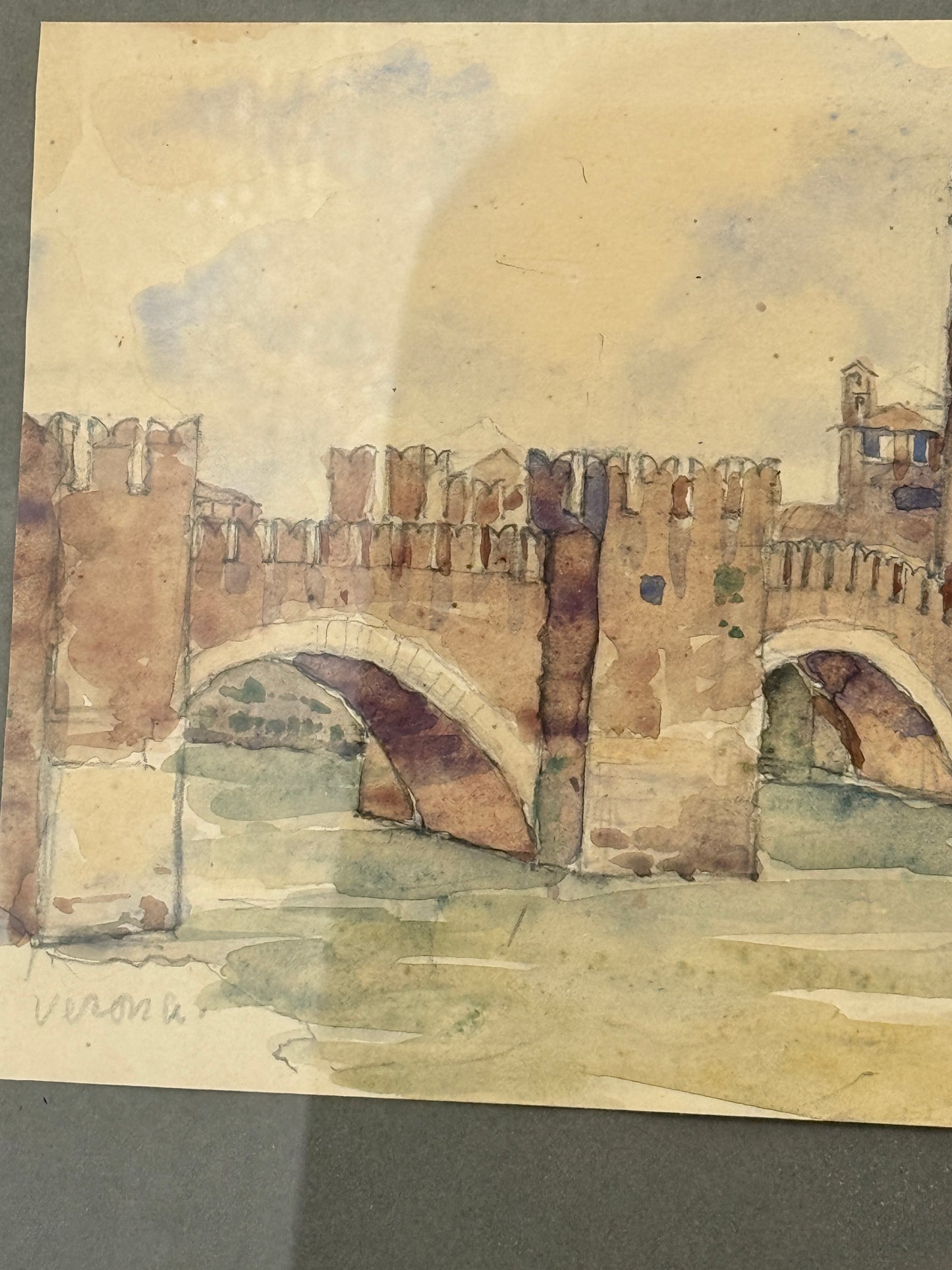 Carl Harald Brummer (1864-1953). Akvarel af Castelvecchio Broen, Verona. Slut 19. Årh