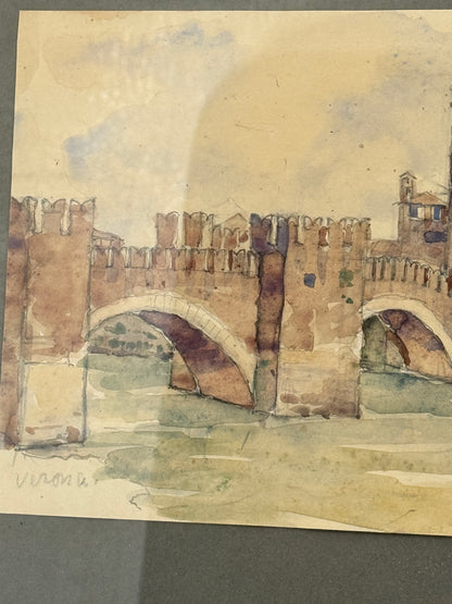 Carl Harald Brummer (1864-1953). Akvarel af Castelvecchio Broen, Verona. Slut 19. Årh