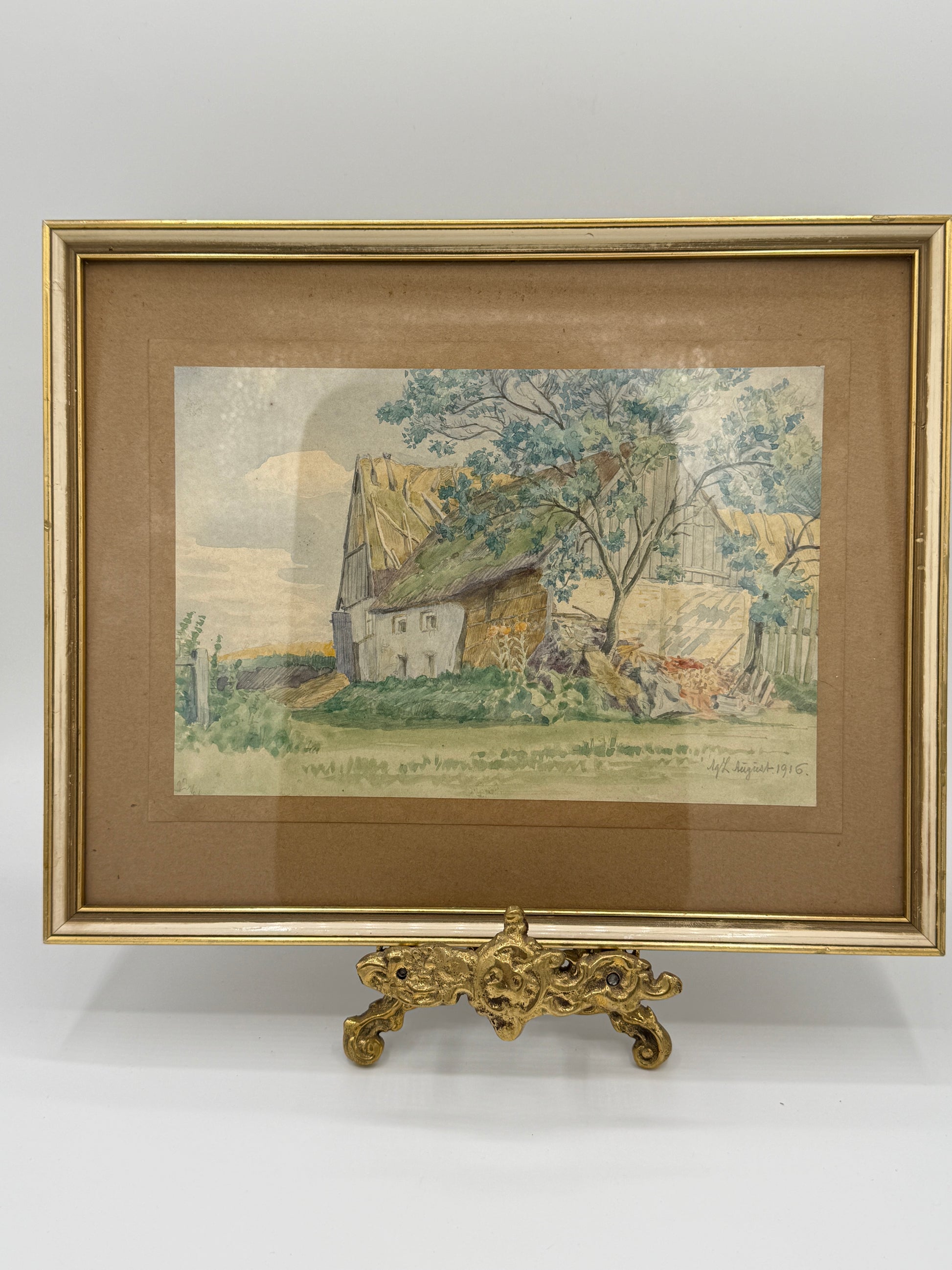 Agnes Lunn (f.1850-1941). Akvarel af stråtækt dansk bondegård. Fra 1916