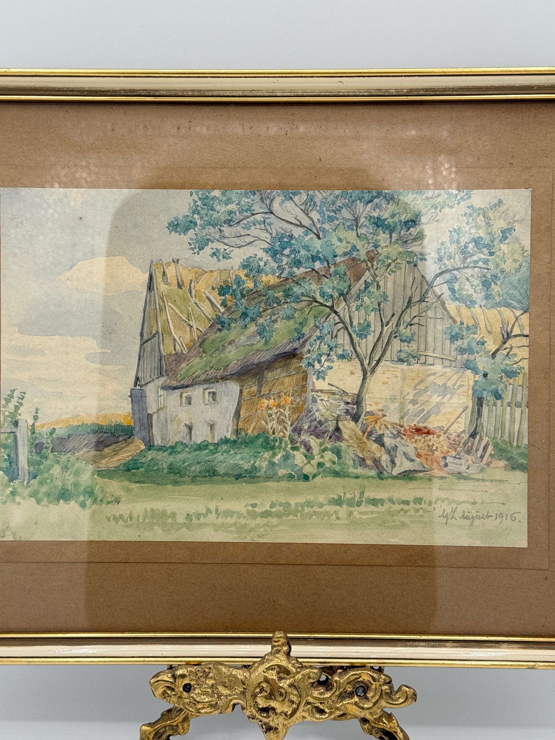 Agnes Lunn (f.1850-1941). Akvarel af stråtækt dansk bondegård. Fra 1916
