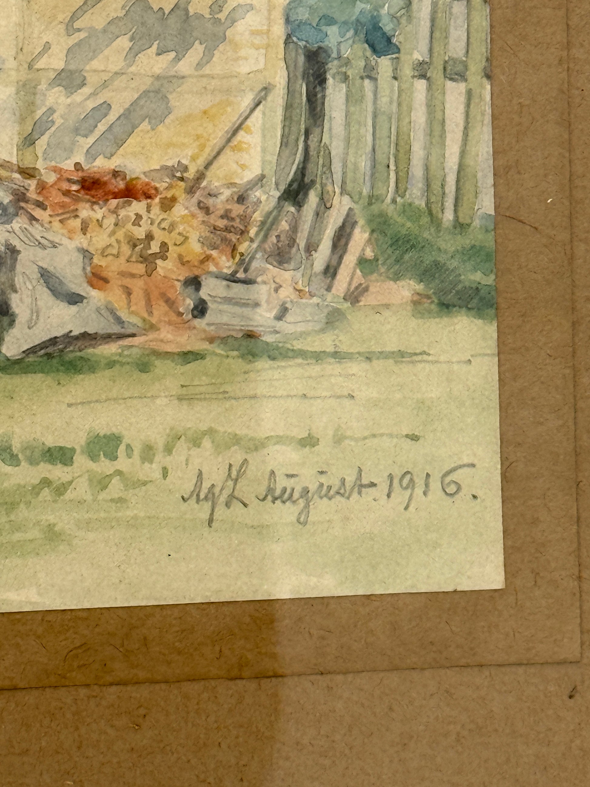 Agnes Lunn (f.1850-1941). Akvarel af stråtækt dansk bondegård. Fra 1916