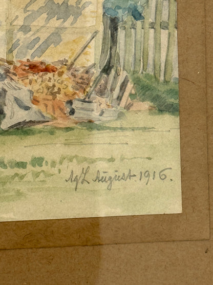 Agnes Lunn (f.1850-1941). Akvarel af stråtækt dansk bondegård. Fra 1916