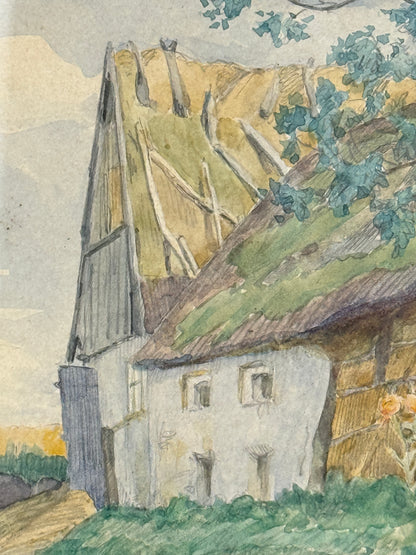 Agnes Lunn (b.1850-1941). Watercolor of Thatched Danish Farmhouse. From 1916.