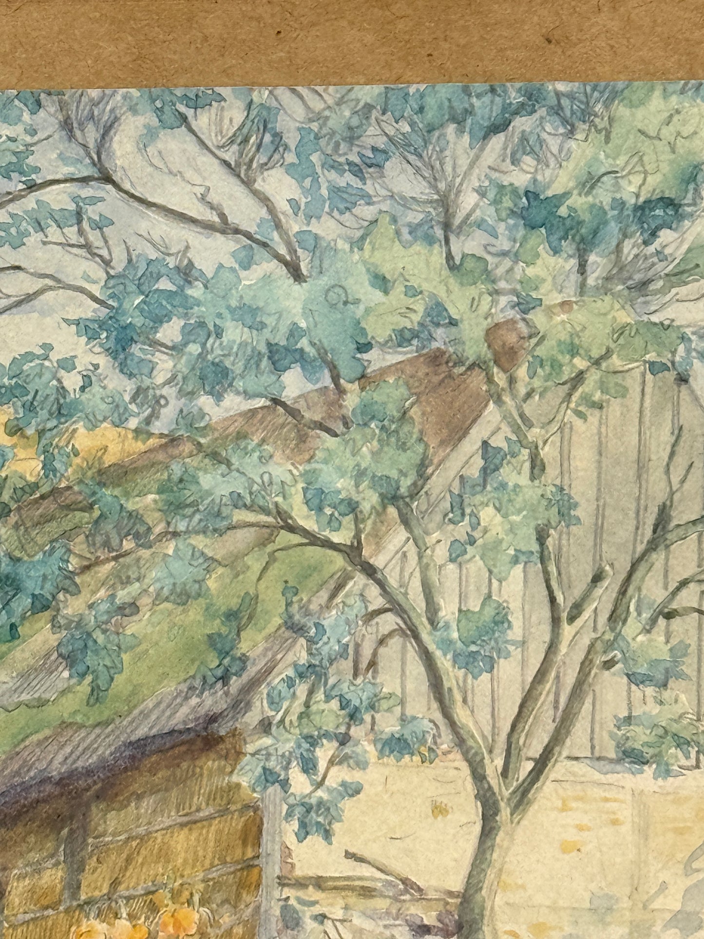 Agnes Lunn (b.1850-1941). Watercolor of Thatched Danish Farmhouse. From 1916.