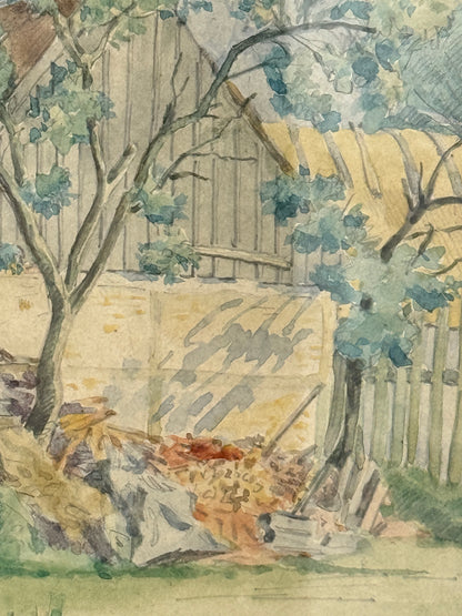 Agnes Lunn (b.1850-1941). Watercolor of Thatched Danish Farmhouse. From 1916.
