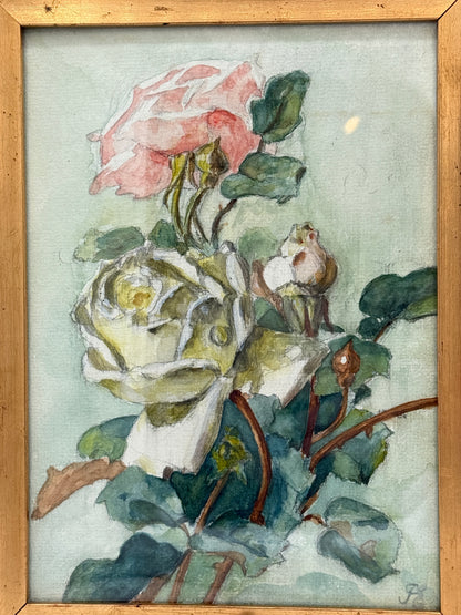 Blomsterstilleben akvarel. Slut 19./start 20. årh. Monogramsigneret