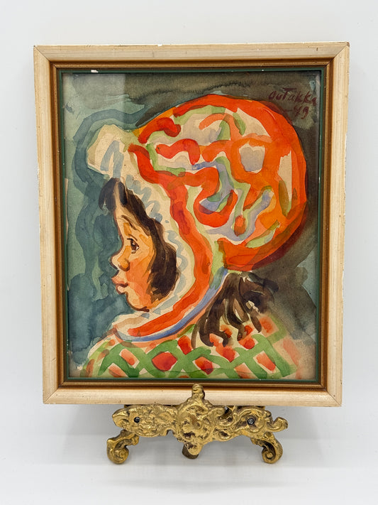 Alvar Outakka (f.1897-1951) Akvarel portræt af samisk pige. Finland. Fra 1949.