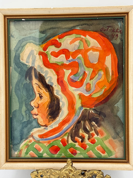Alvar Outakka (f.1897-1951) Akvarel portræt af samisk pige. Finland. Fra 1949.