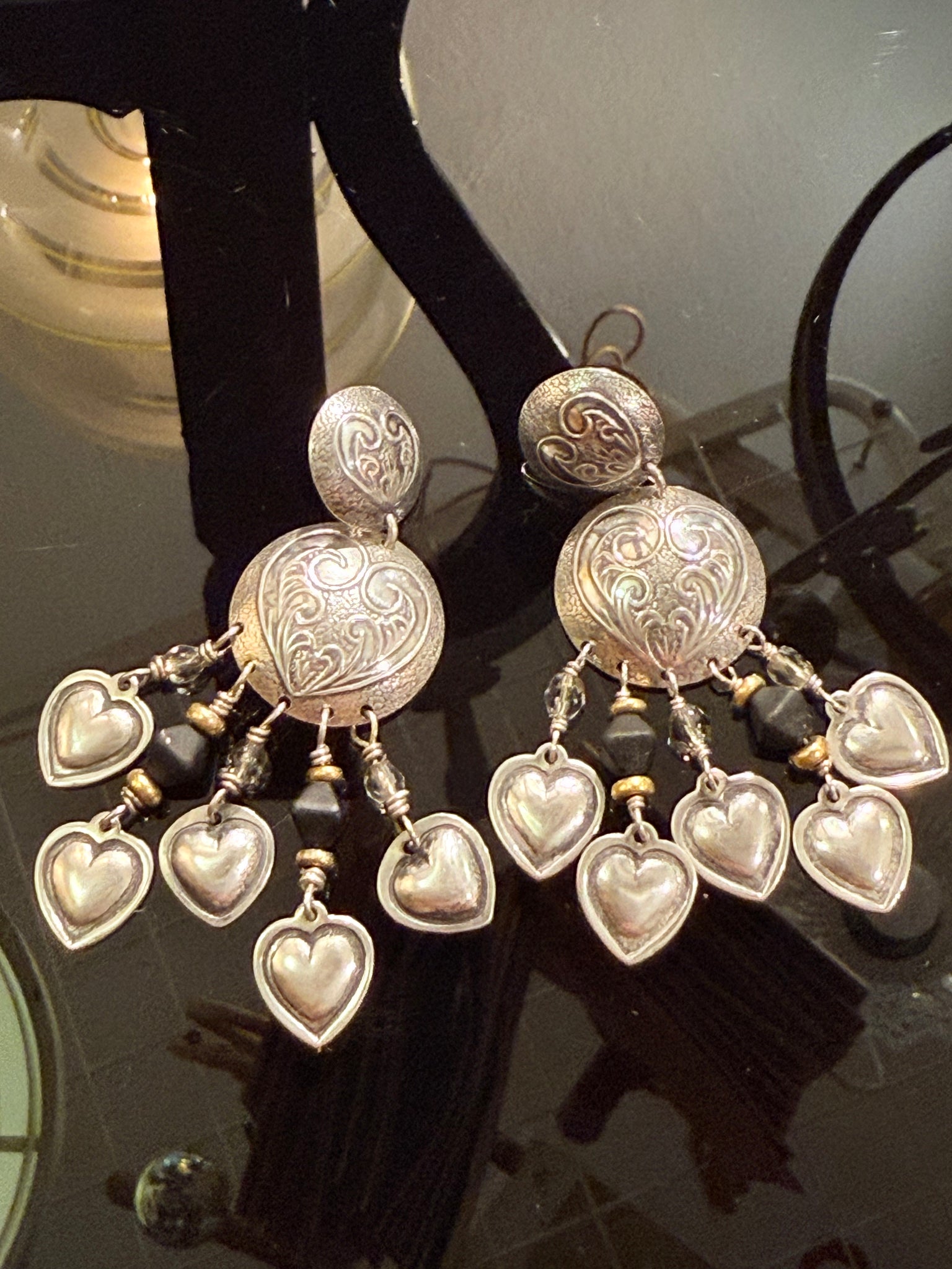 Vintage sterling silver heart earrings, USA. From the late 1900s.