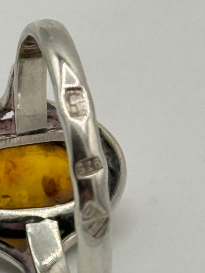 Vintage skønvirkestil Rav & Sterlingsølv ring. Warsawa, Polen. Fra 1980érne