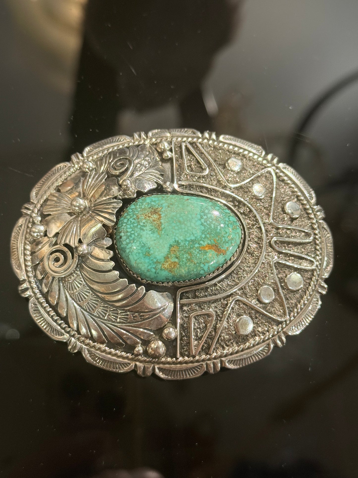 Vintage Native American Navajo Indian Silver & Turquoise Belt Buckle.