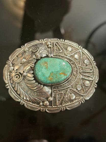 Vintage Native American Navajo Indian Silver & Turquoise Belt Buckle.