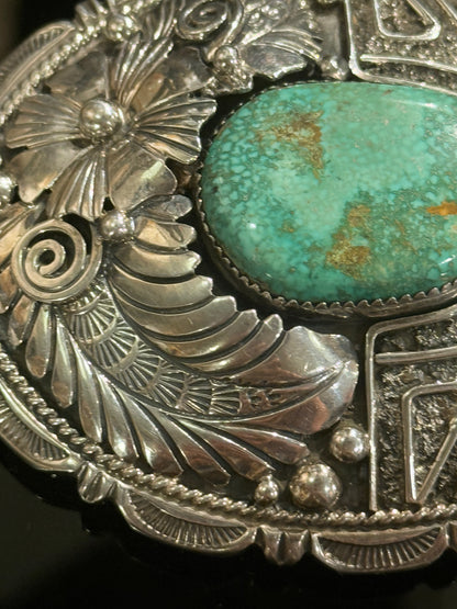 Vintage Native American Navajo Indian Silver & Turquoise Belt Buckle.