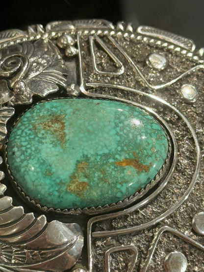 Vintage Native American Navajo Indian Silver & Turquoise Belt Buckle.