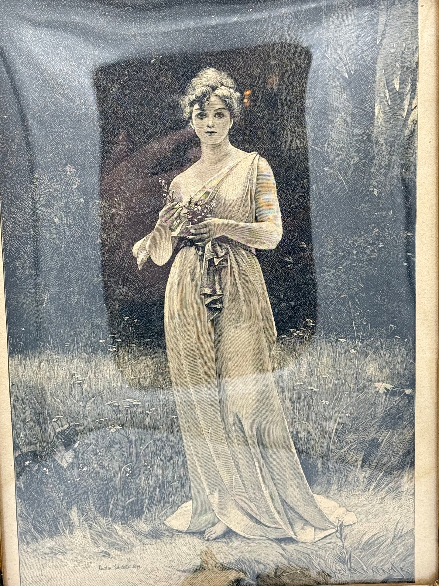 Forglem mig ej. Antik dansk træsnitsgravering. Fra 1895