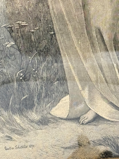 Forglem mig ej. Antik dansk træsnitsgravering. Fra 1895