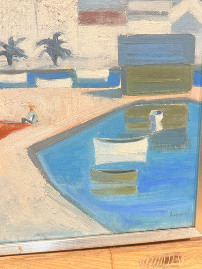 Arnulf 61. Kubistisk oliemaleri af Middelhavs havneby, fra 1961.