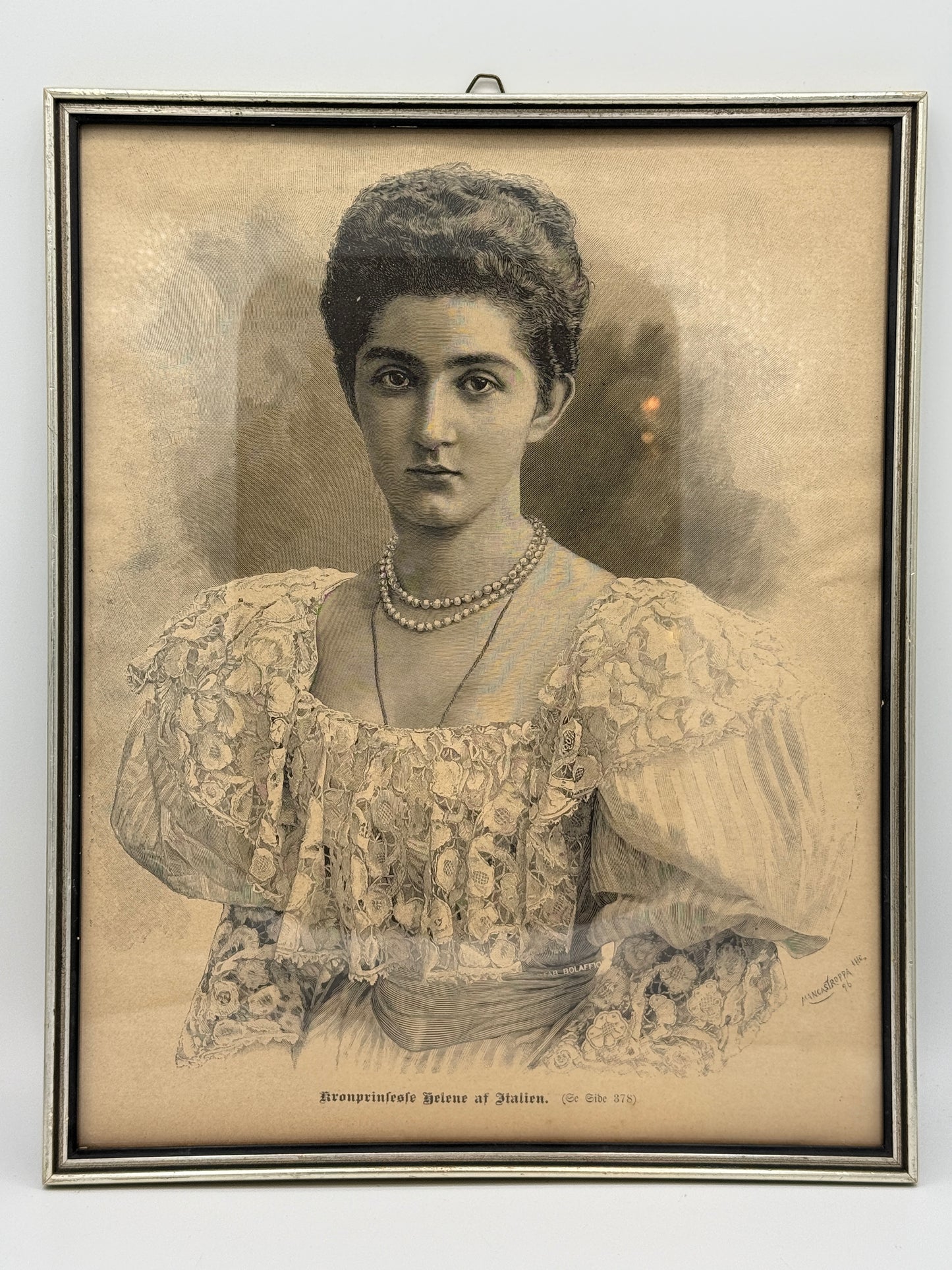 Kronprinsesse Helene af Italien. Antik dansk træsnitsgravering. Fra 1895