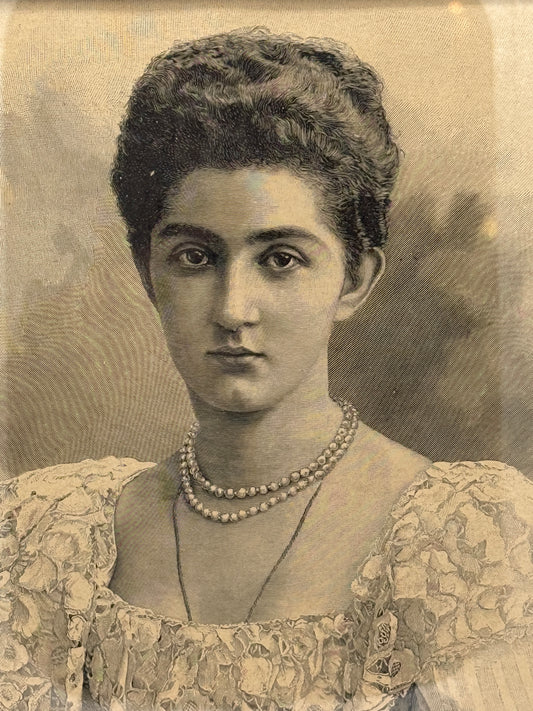 Kronprinsesse Helene af Italien. Antik dansk træsnitsgravering. Fra 1895.