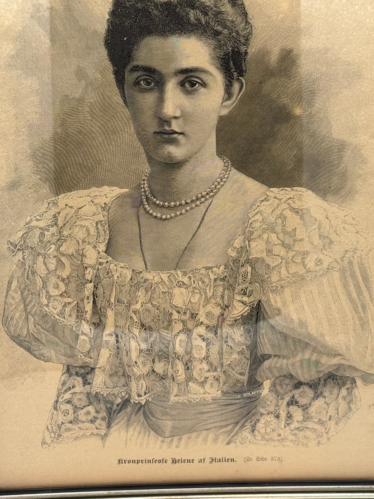 Kronprinsesse Helene af Italien. Antik dansk træsnitsgravering. Fra 1895