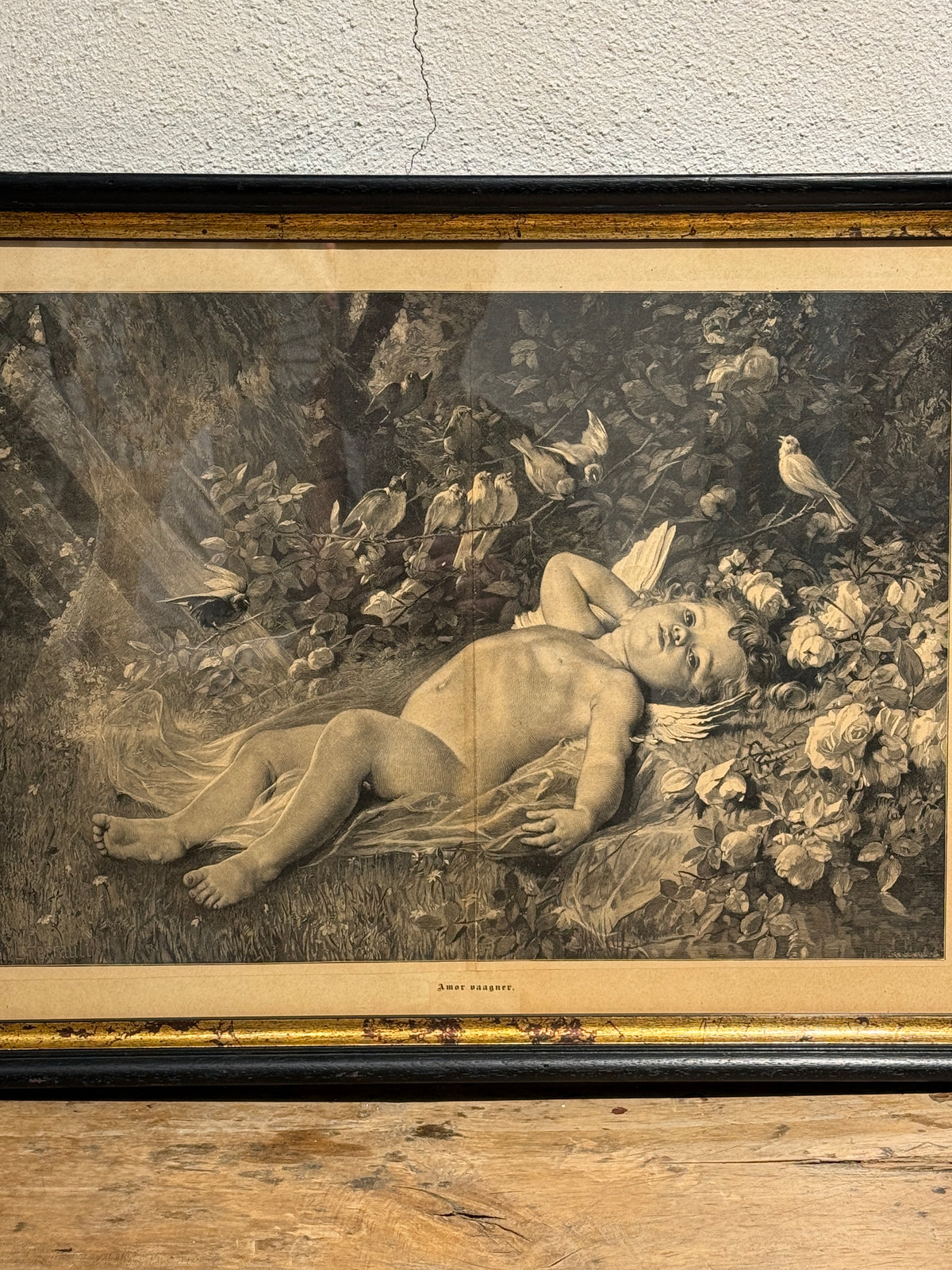 Amor Vaagner. Antik dansk træsnitsgravering. Fra 1896