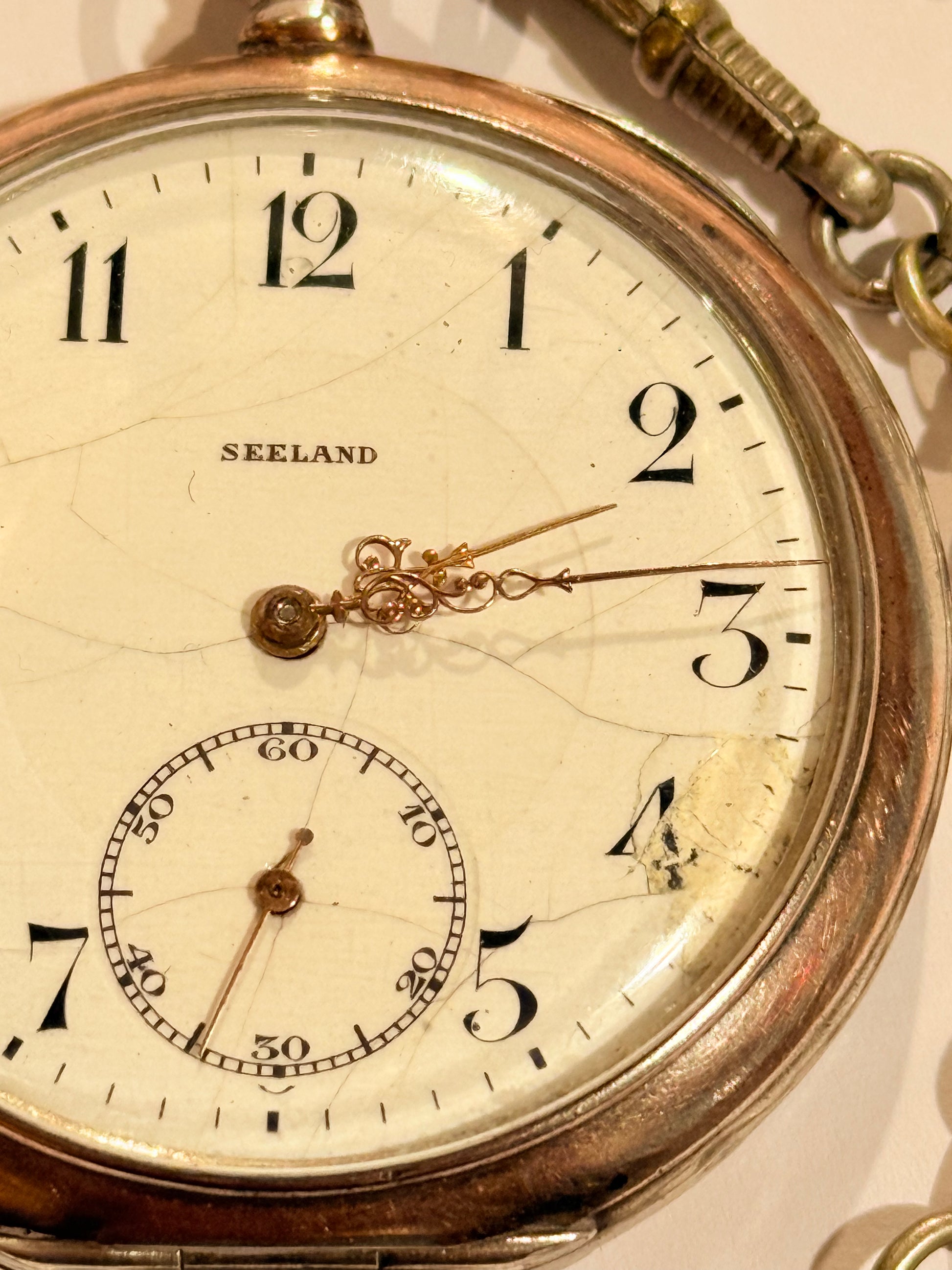 Antik stort Sealand manuelt lommeur med kæde. Start 1900tallet