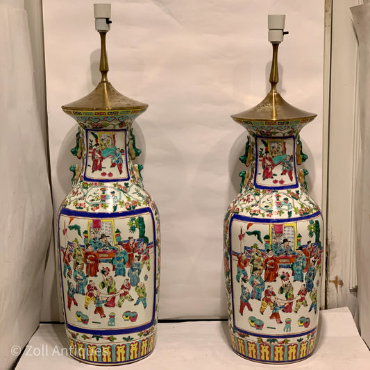 Older large Chinese Guangzhou porcelain floor lamps, stamped.