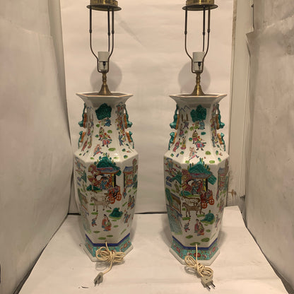 Older large Chinese Guangzhou porcelain floor lamps.