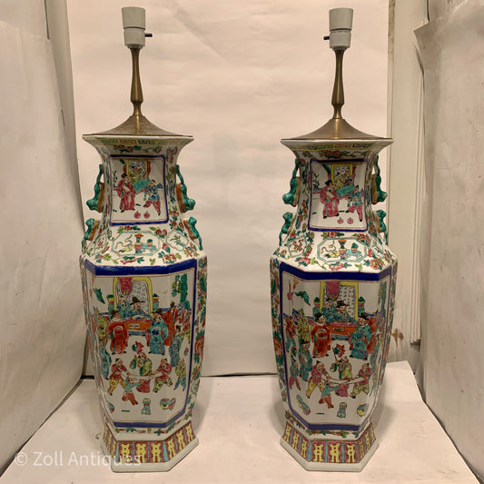Older large Chinese Guangzhou porcelain floor lamps.