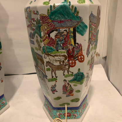 Older large Chinese Guangzhou porcelain floor lamps.