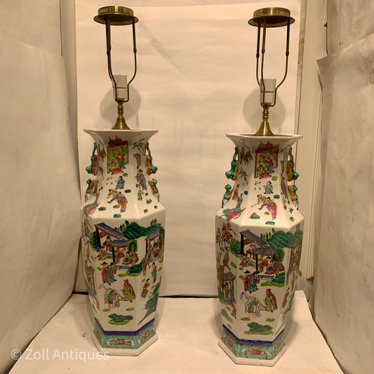Older large Chinese Guangzhou porcelain floor lamps.