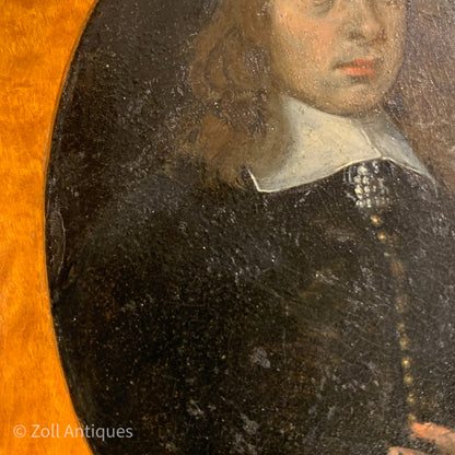 Hand-painted oil miniature portrait, from the 17th century. 
