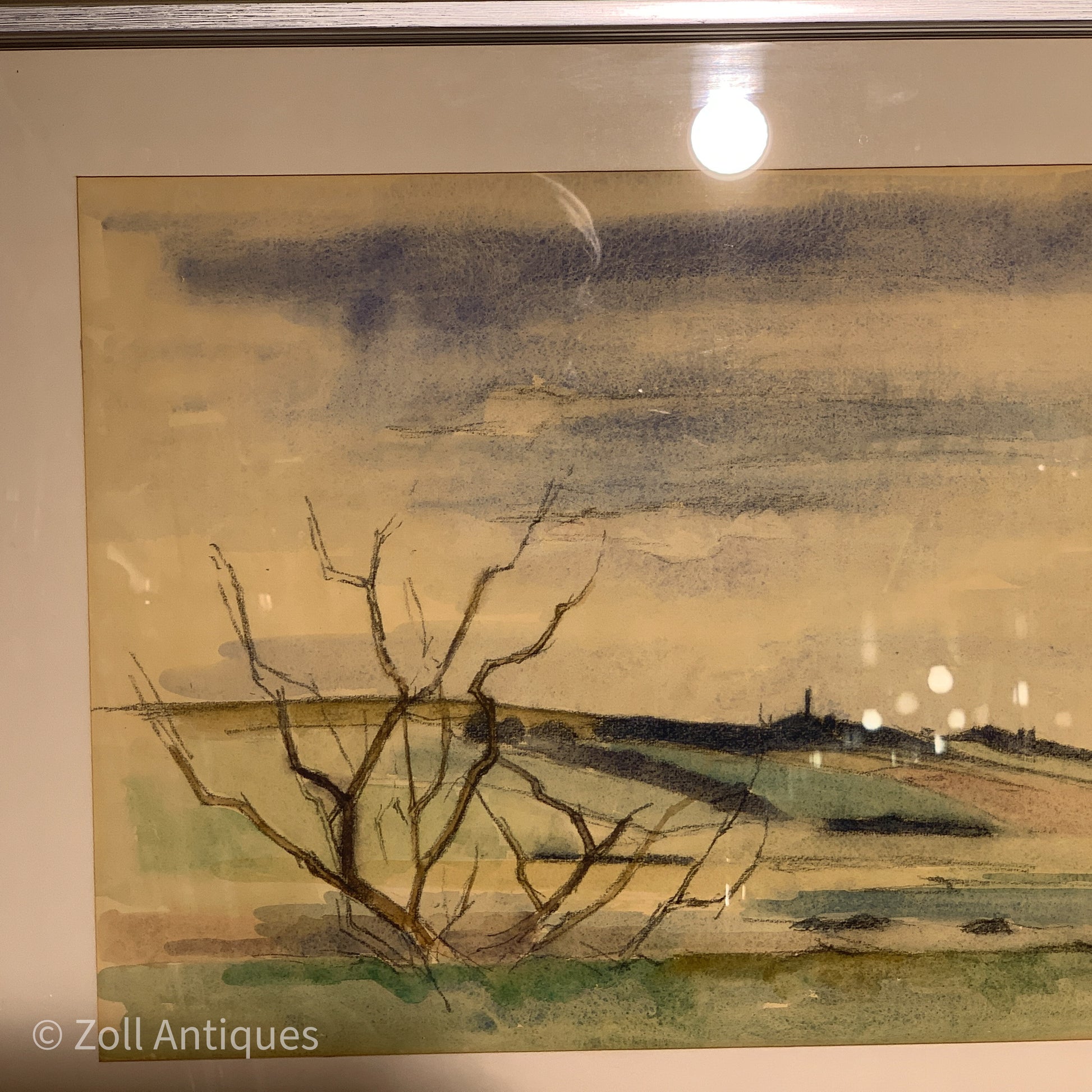 Johannes Bæch's 1965 watercolor painting depicts a barren landscape with a tree and a lone house in the distance. The scene is set