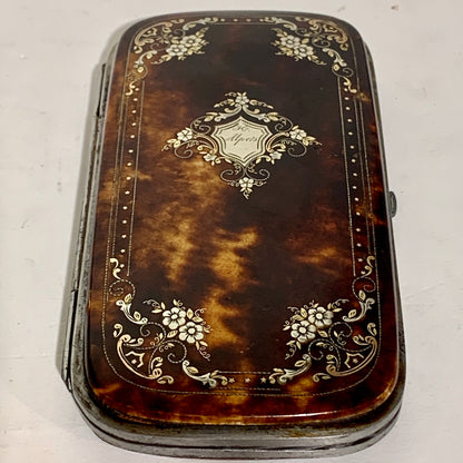French Napoleon III Piqué gold &amp; silver inlaid tortoiseshell cigar case