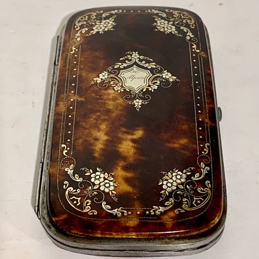 French Napoleon III Piqué gold &amp; silver inlaid tortoiseshell cigar case