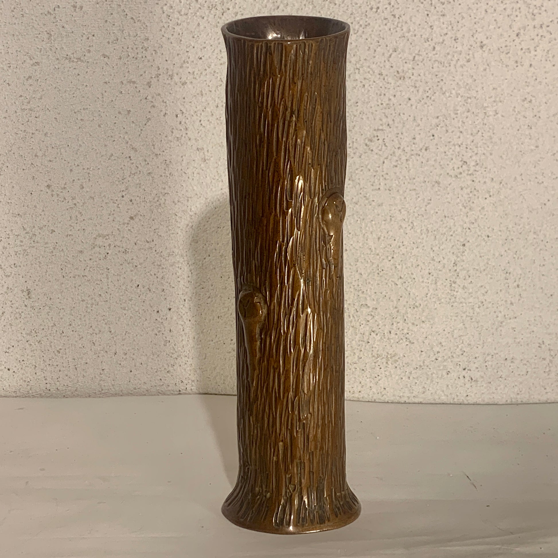 Antik bronze blomstervase, iform af træstamme, fra start 1900 tallet