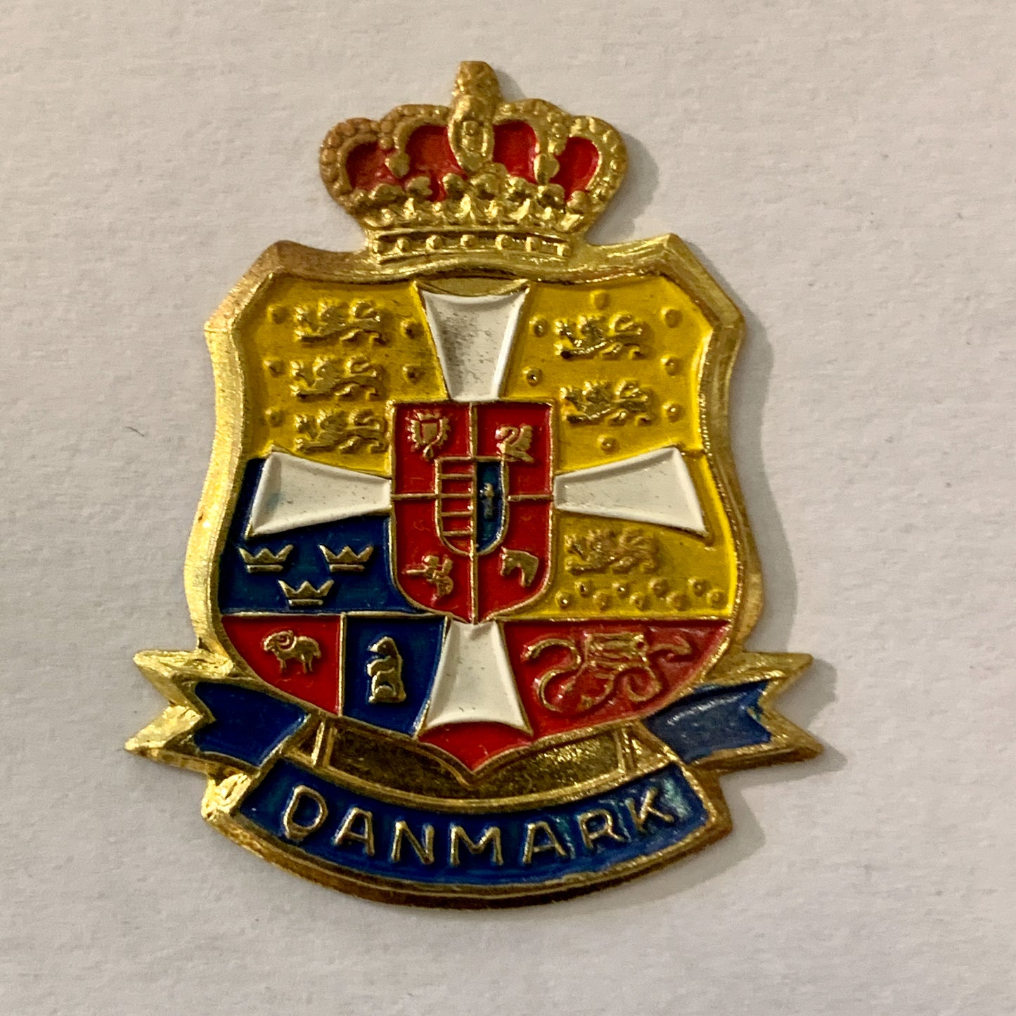 5 vintage Danish coats of arms in painted brass