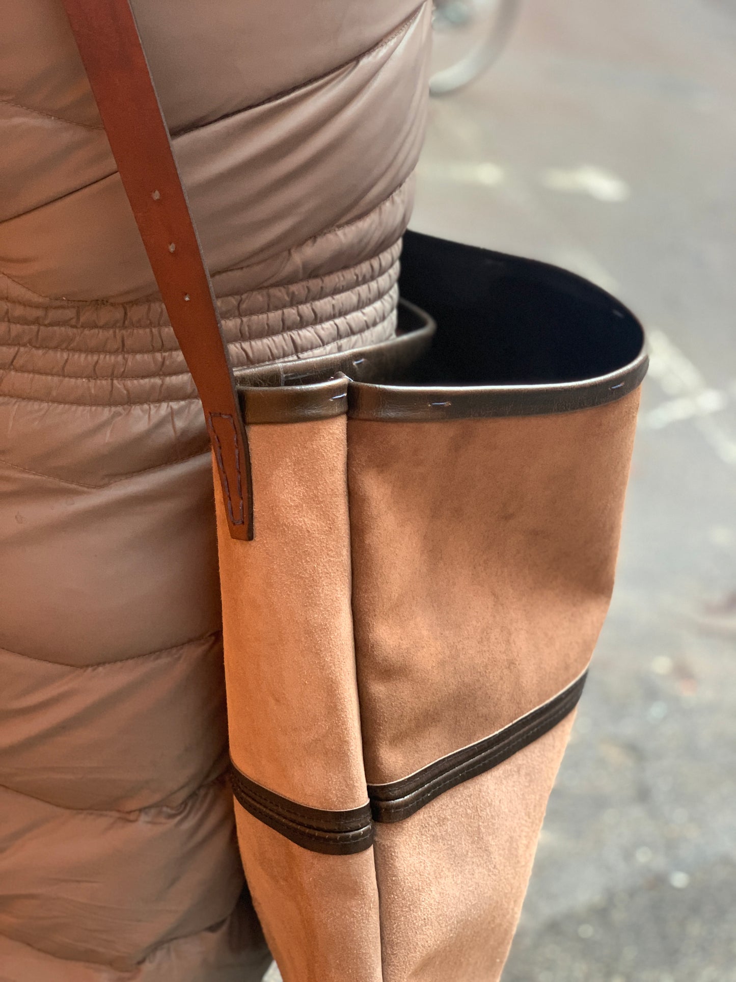 Large hand-sewn leather shoulder bag, Kim Zoll Designs.