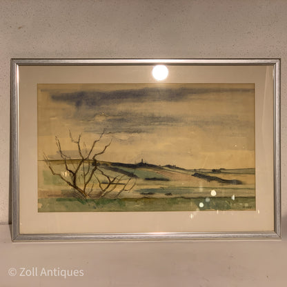 Johannes Bæch's 1965 watercolor painting is displayed in a silver frame. The painting features a tree and a mountain landscape, cr